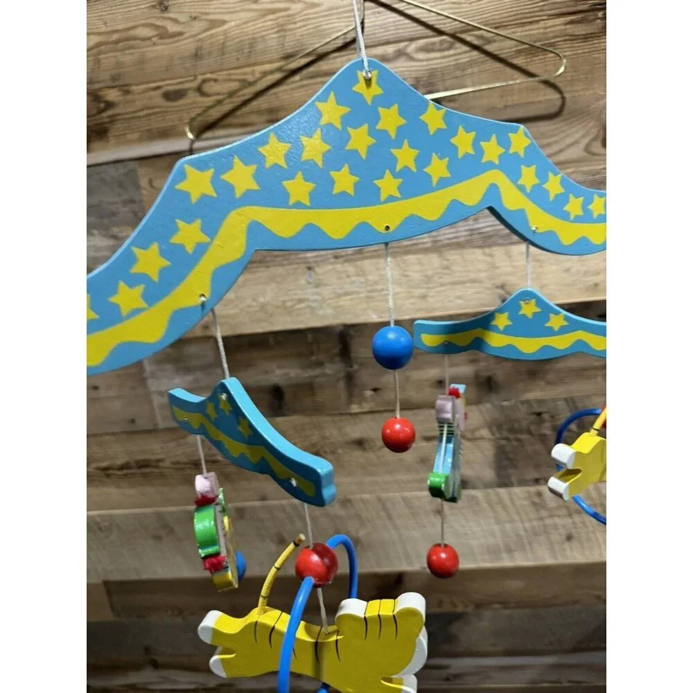 Vintage Sevi Wood Circus Themed Baby Mobile music clowns tigers sun rainbow